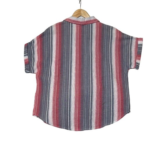 NWT Keren Hart Womens Striped Short Sleeve Shirt Large Red/Blue Cotton Button - Picture 4 of 16